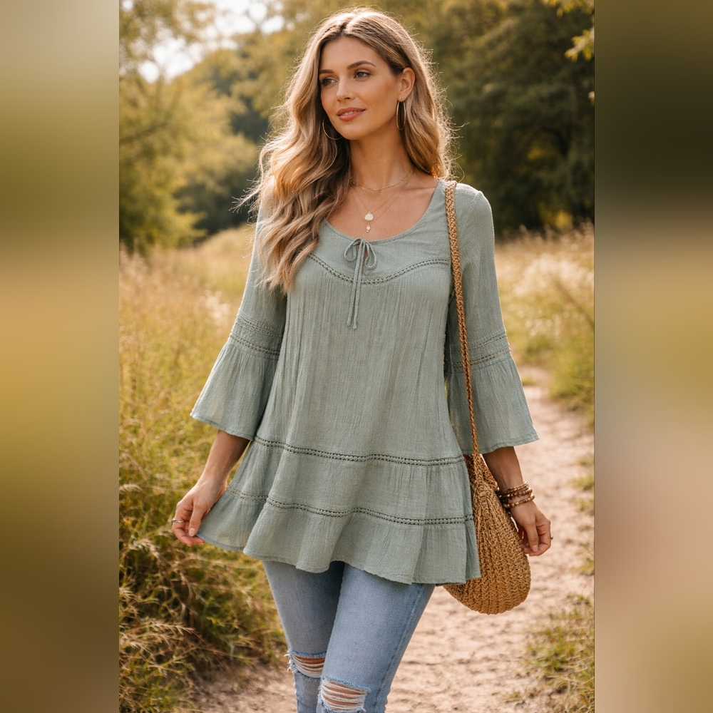 Spense Sage Green Peasant Blouse XL Bell Sleeve Tie Neck Ruffle Tiered Boho Cott